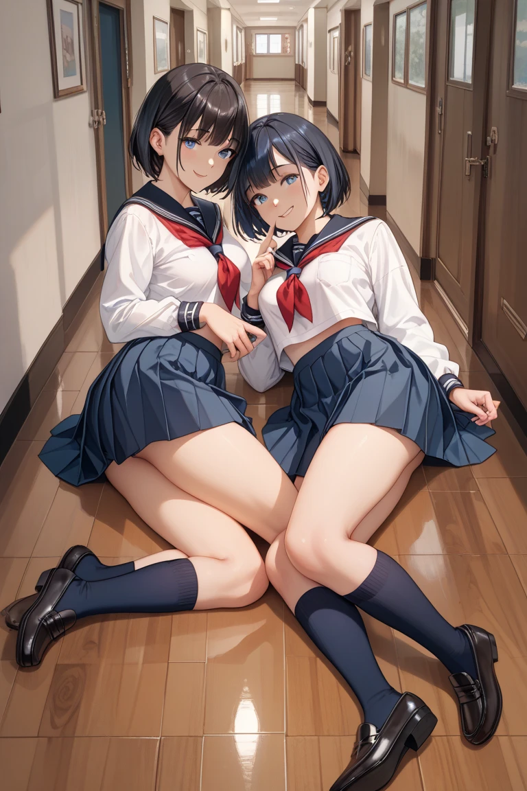 score_9, score_8_up, score_7_up, score_6_up, score_5_up, score_4_up, (source_anime), (2 young girl), spread legs, tactile hair, black hair, glasses, hospital, big breasts, sailor suit, Pleated skirt, look at each other