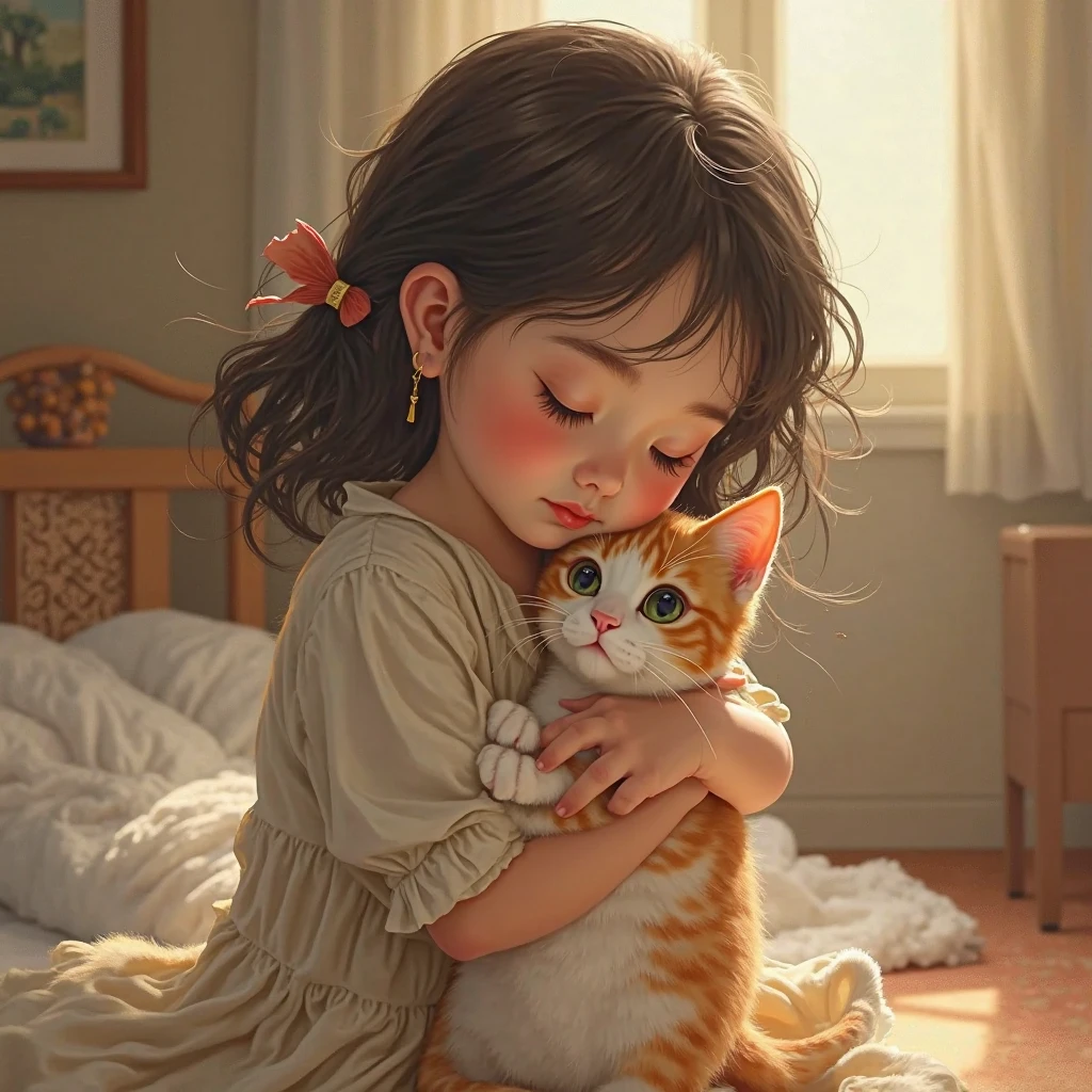 the small girl and ginger cat watching coronavirus news and becoming upset in the home . after fews days the small girls is I'll and laid down on the room bed