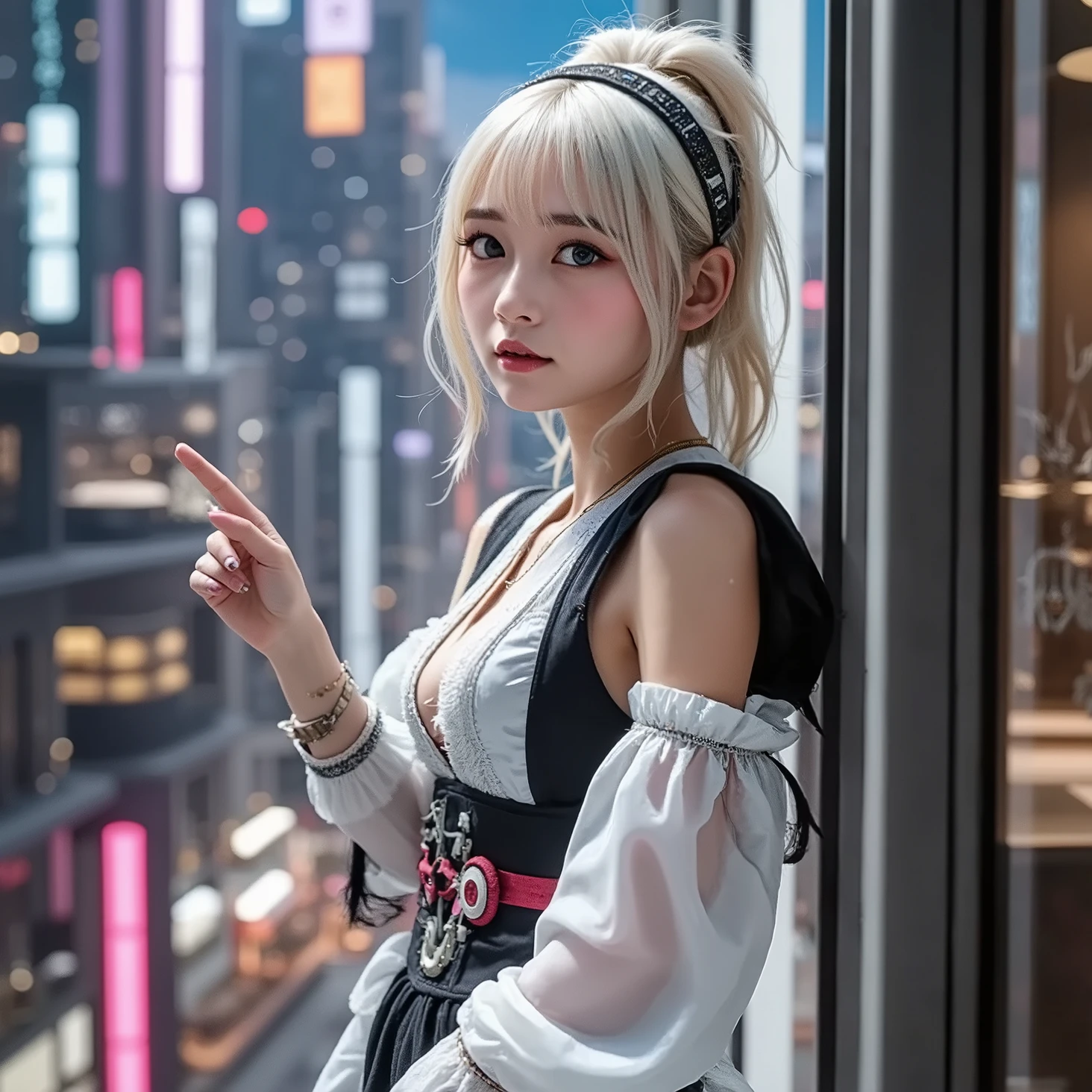 hoverboard、cyber city sky、 platinum blonde hair, futuristic hairstyle, accessories, Neon Accents, Brilliant Makeup , stylish 3d rendering, super detailed, Cinematic Lighting, Proximity, tech fashion, sci-fi atmosphere , digital art , complicated details, bright colors, photorealistic texture, character design, urban dystopian background