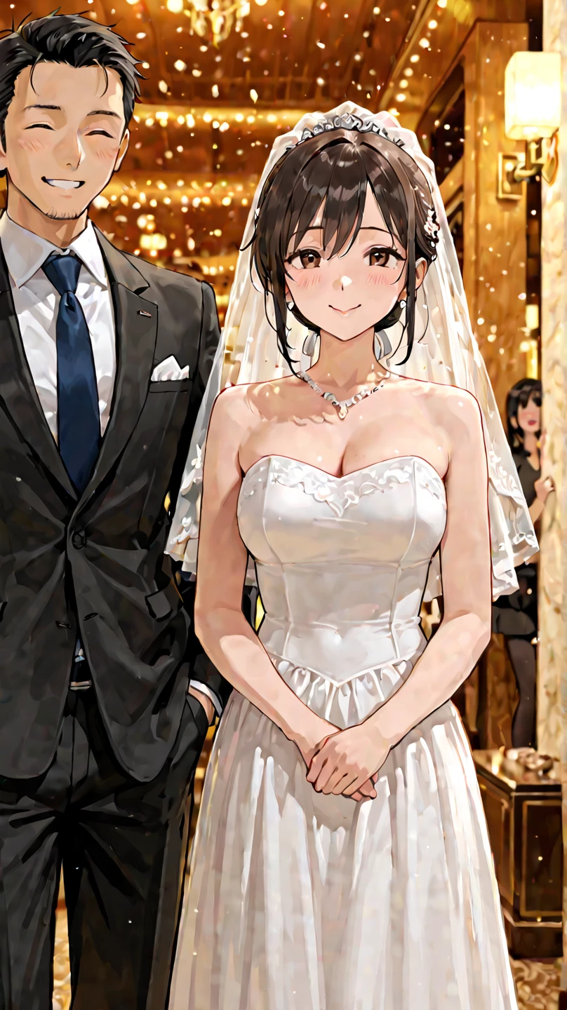 Girl with huge breasts wearing a micro bikini and a wedding dress with a veil and bouquet at the altar marrying her grandfather