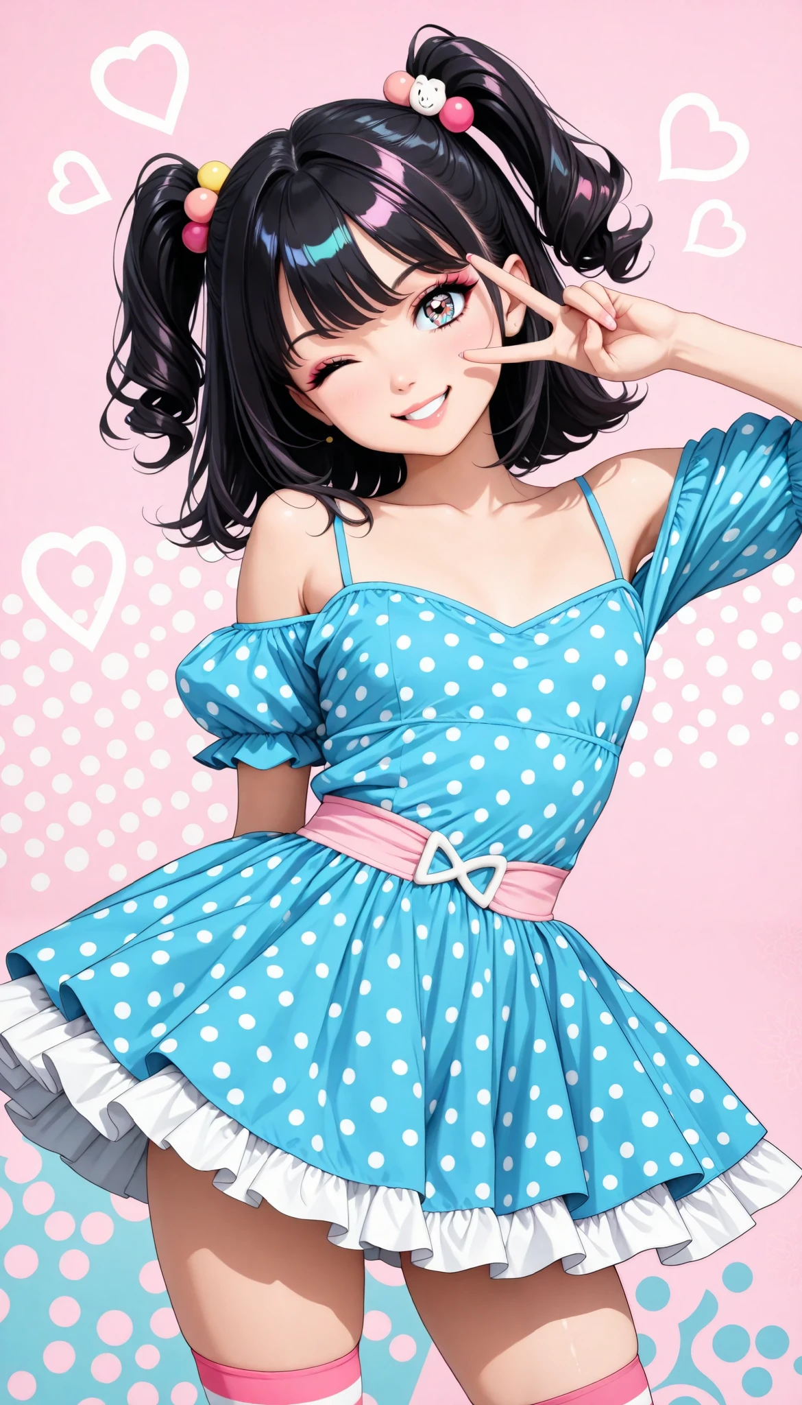 cute young girl, (big eyes), (Xiaoyan), ( High Detail Skin :1.2), cute face, playful expression, Beautiful appearance, (comic style eyes , Retro Hairstyle , V sign next to your face, wink), pop art, colorful, bright color, pastel color, (detailed clothes, frill dress, polka dot dress, Off Shoulder, puff sleeve, striped stockings), pin-up style, ( Pastel Pink Background , popping candy background), pop art スタイル, Fantastic, Interesting, bright style , (top quality, very detailed, CG illustration, masterpiece:1.2, Aesthetics at its best).