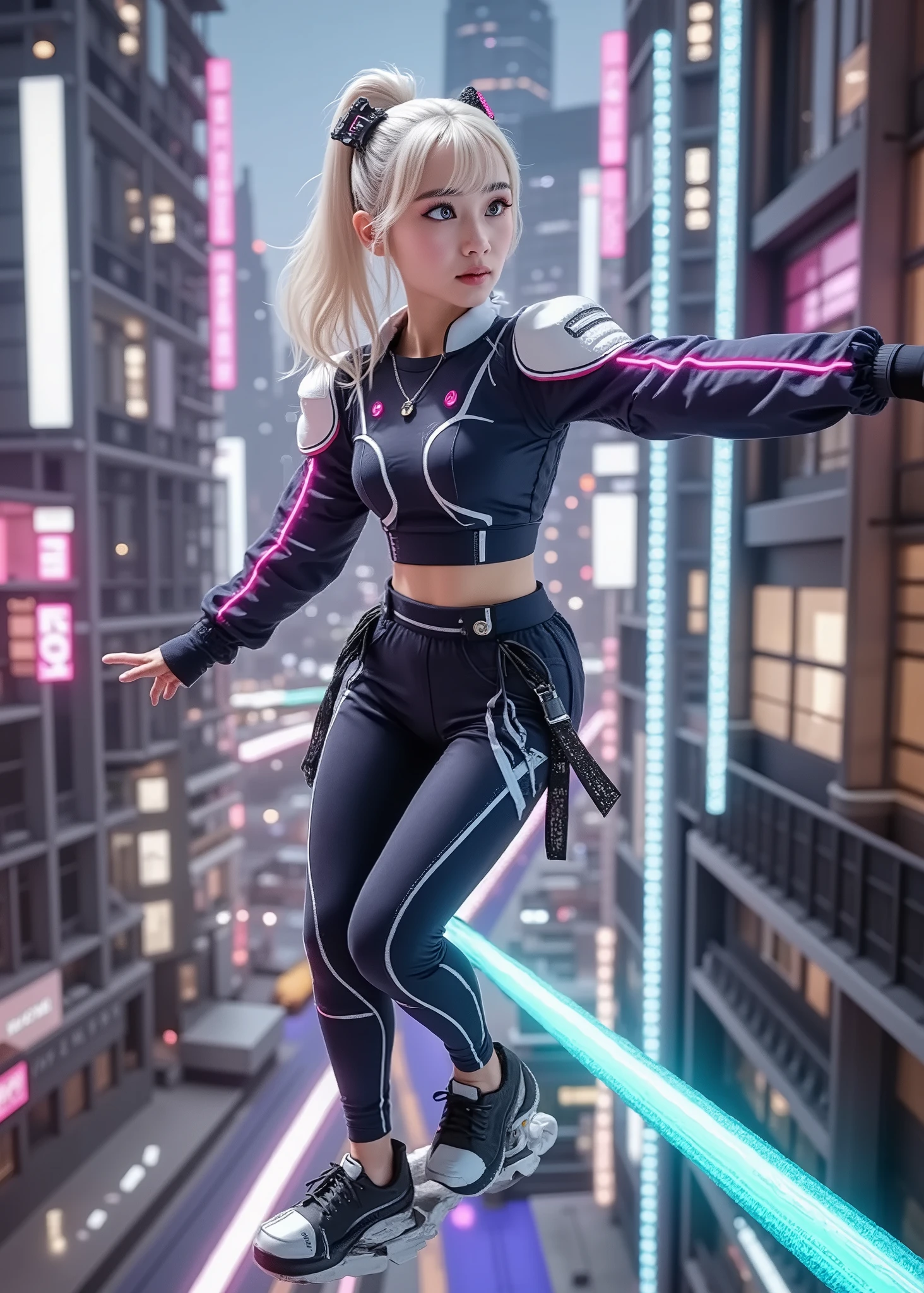 (full body photo)、hoverboard、cyber city sky、Cyberpunk girl balancing with both arms、 platinum blonde hair, futuristic hairstyle, accessories, Neon Accents, Brilliant Makeup , stylish 3d rendering, super detailed, Cinematic Lighting, Proximity, Speed、tech fashion, sci-fi atmosphere , digital art , complicated details, bright colors, photorealistic texture, character design, urban dystopian background