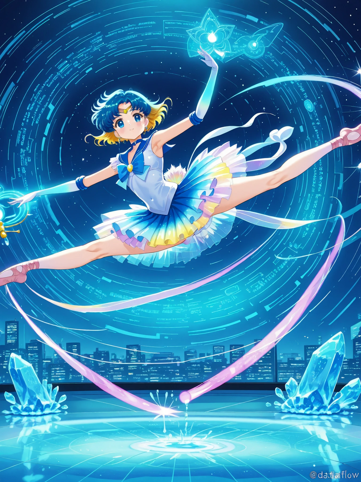 (Japanese cel-shading:1.5), (digital watercolor FX:1.4), Sailor Mercury Ami, (Ballet Pose:1.4), (sailor-tech tutu:1.6), (holographic dance pose:1.7), dopamine blue-purple scheme:1.8, Mercury Computer scepter:1.5, (dataflow iris pattern:1.3), liquid crystal stage:1.4, math formula particles:1.2, quantum bubble attack:1.6, (gradient short hair:1.3), hologram backdrop:1.5, fluid dynamics skirt:1.4, cyberpunk lasers:1.3