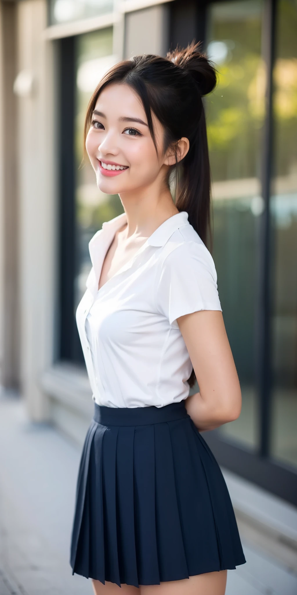 Japanese office lady、Sleeveless Shirt、lunch、Low bench、sitting on a park bench、smile、Check tight mini skirt、masterpiece,best quality,ultra detailed,highres,high-resolution,4K,realistic,RAW photo,((real person)),portrait photography,photorealistic,detailed skin,(delicate black eyes ), A soothing woman with sagging eyes,Calm and calm, middle hair,skinny,clothing,The wind is blowing,tareme、Beautiful legs、Small shirt、(((upskirt)))、((Knees are higher than hips))、White shorts、Bend your knees、(((Knee Up)))、(huge breasts)、(Her shirt was about to burst because of her large bust),Detailed Details,The wind is blowing、Focus on the groin,Push your hips forward,Put your hands behind your back、squat