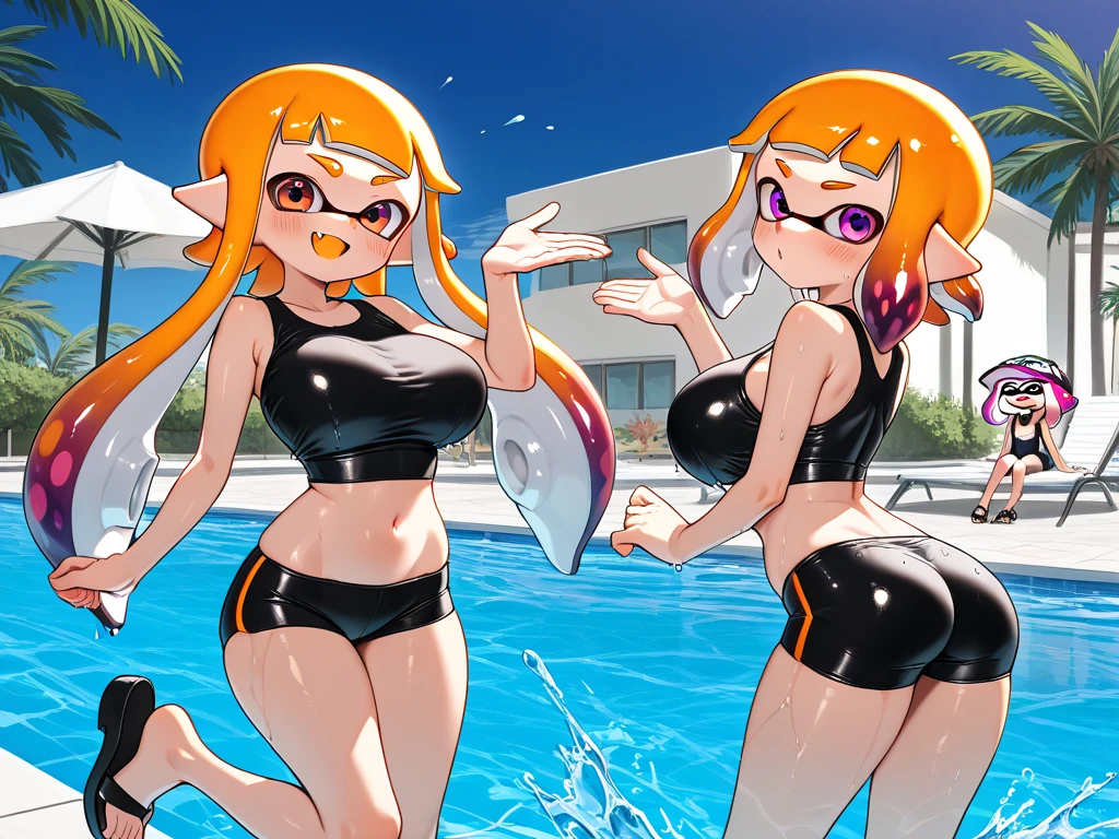 1girl, breasts, looking at viewer, blush, smile, open mouth, bangs, blonde hair, large breasts, hair ornament, holding, animal ears, cleavage, hair between eyes, twintails, tail, swimsuit, multicolored hair, one eye closed, green hair, hairclip, fang, rabbit ears, two-tone hair, aqua eyes, streaked hair, one-piece swimsuit, sideboob, skindentation, thigh strap, multiple views, fake animal ears, rabbit tail, skin fang, blue one-piece swimsuit, zoom layer, water gun