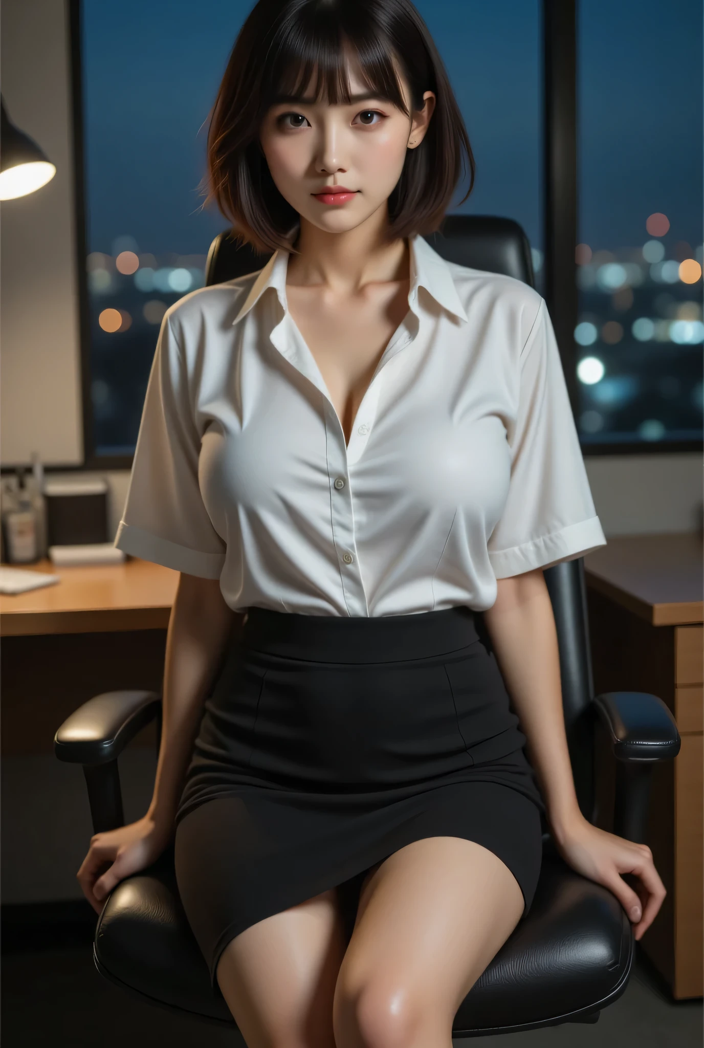 Tight-fitting business shirt and high-waist pencil skirt that is depicted in ultra detail, Just-fitting short sleeve, Shirt tucked into skirt, Tights, In a dimly lit office late at night, Desk, Light from a computer screen, Desk light, Sitting on desk chair, Chair without armrests,
8K Quality, High Resolution, Realistic photo, Raw photo, Absolute masterpiece,
Staring, Looking at the viewer, She is intimidating,
Big breasts, Make-up, Glossy skin, Bangs, Short wavy bob, Beautiful Japanese girl