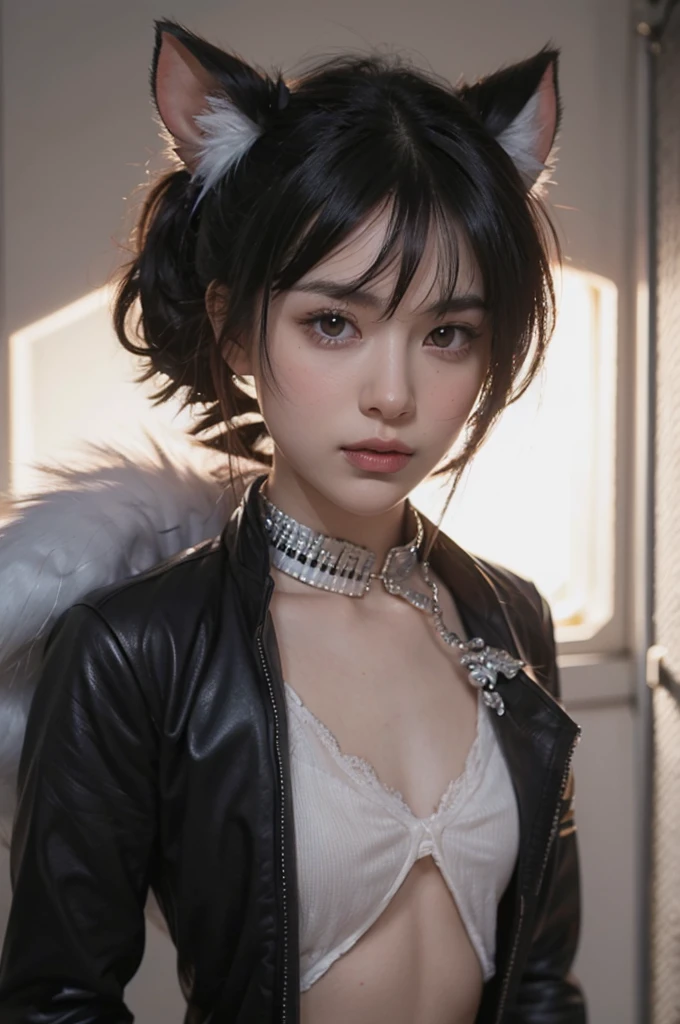 Beautiful girl with realistic black eyes, pale skin, Long black hair, perfect face, perfect eyes, wearing a coat, very detailed, comprehensive movie, digital painting, 8K, cinematic lighting, highest quality, High resolution, well done!, Post-processing, perfect result, surreal,big breasts,(((revealing clothes)))