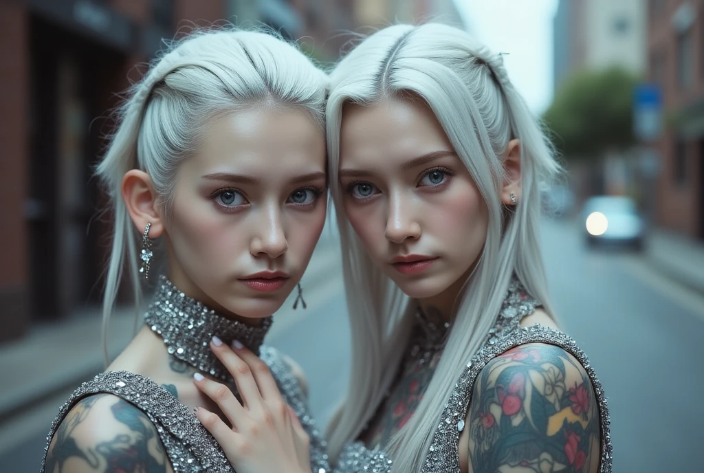 high quality, Rich in details, Bald silver haired boy . They wear vintage goth gothic clothing., wearing bracelets, colorful earrings and necklaces. The big ones are also visible.. The photo is a close-up of the face., with bare arms, bright Eyes, sweat on the forehead, and a sexy vibe.
