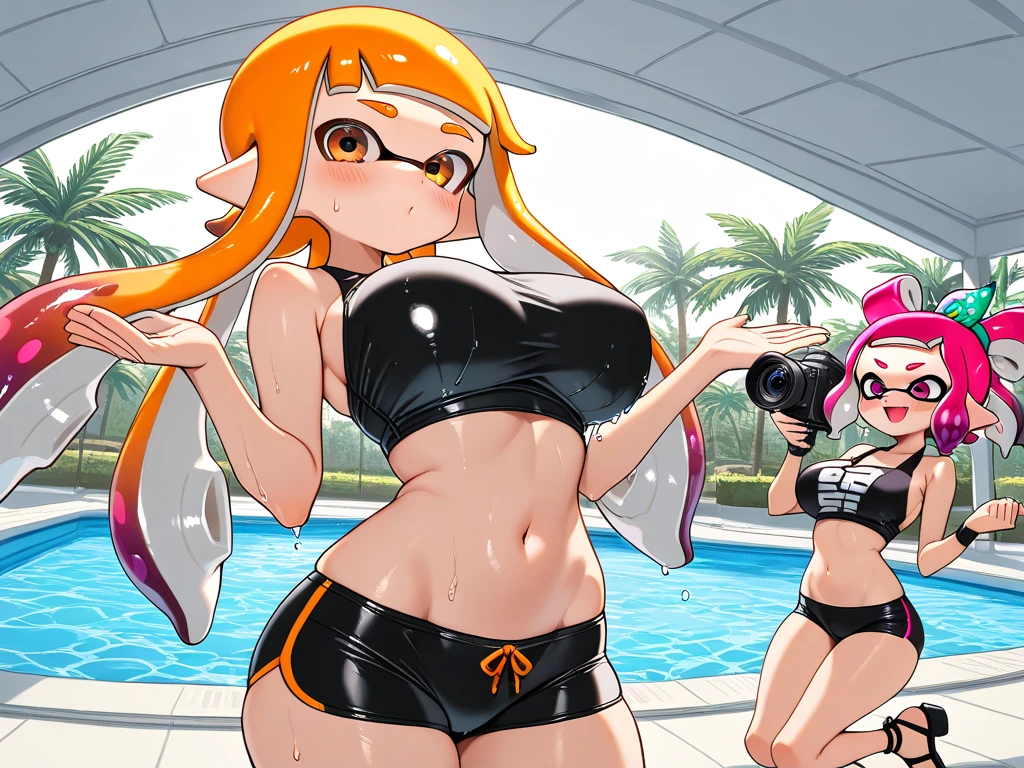 masterpiece、highest quality、High resolution、3D、Real Anime、Beautiful girls from Splatoon、Big Breasts、Butt、Colorful tentacle hair、Cool eyes、Golden Eyes、Open Mouth Smile、blush、rouge、