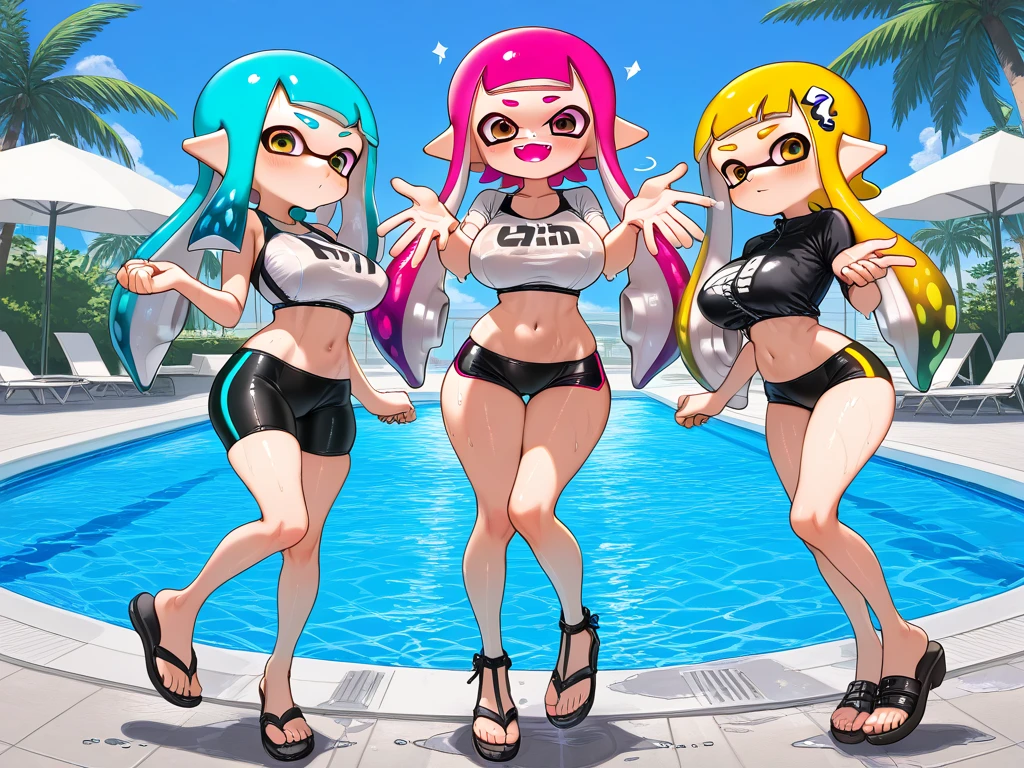 High resolution、Real Anime、3d、Studio Anime, Very detailed, Latest, Vibrant, Anime Coloring, High Contrast, masterpiece:1.5, Highest quality, Best aesthetics, ((Splatoon Girl))、Three Girls, Hug from behind,Swimwear, gigantic breast、Thighs glimpsed,Random tentacle hair, Golden Eyes、Perfect Proportions, Skin with attention to detail, cute, Open Mouth Smile、blush、Detailed face,Pool, Accurate Fingers,Curvy,((Swimwear))  crowd,swim in the Pool
