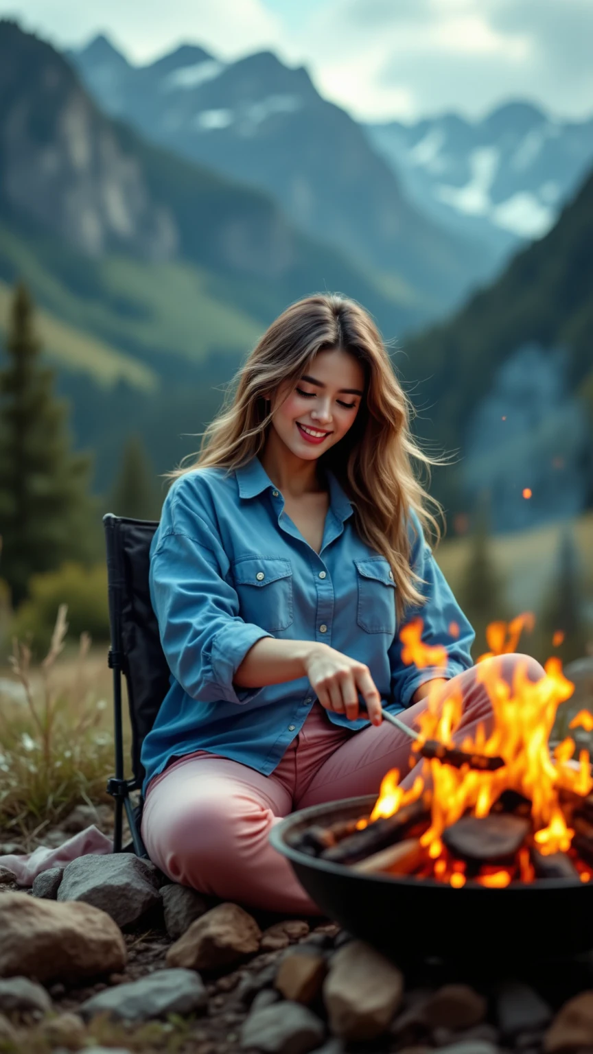 (((Big and slim body,female),(smiling),( blue shirt ,pink pants))),She's sitting on a chair at a campsite in the mountains cooking a barbecue. It's a campsite with a bonfire.top quality,best image quality, dynamic, vibrant colors, 8k