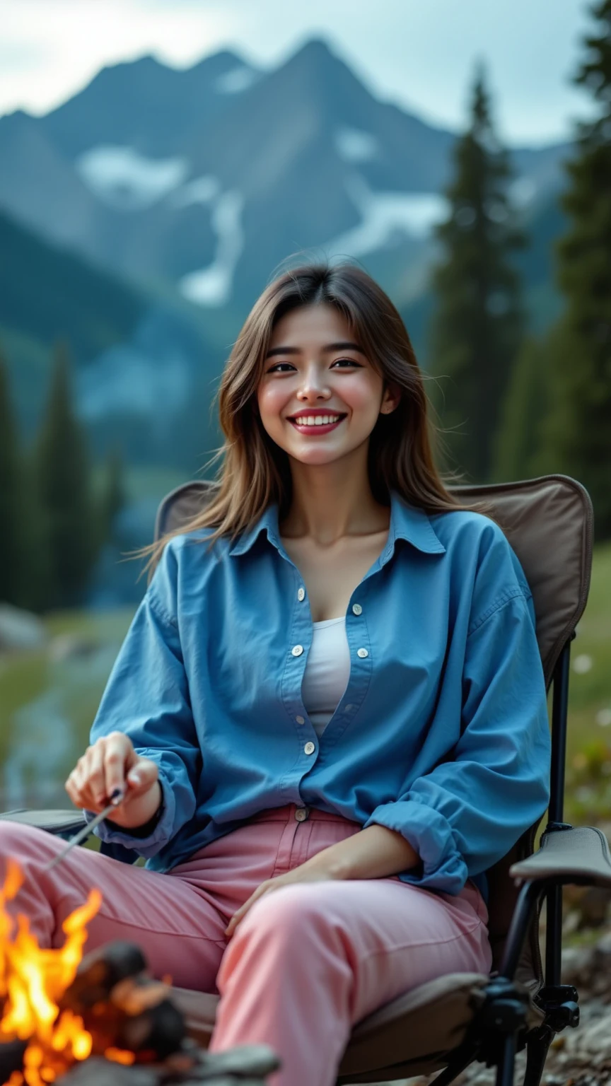 (((Big and slim body,female),(smiling),( blue shirt ,pink pants))),She's sitting on a chair at a campsite in the mountains cooking a barbecue. It's a campsite with a bonfire.top quality,best image quality, dynamic, vibrant colors, 8k