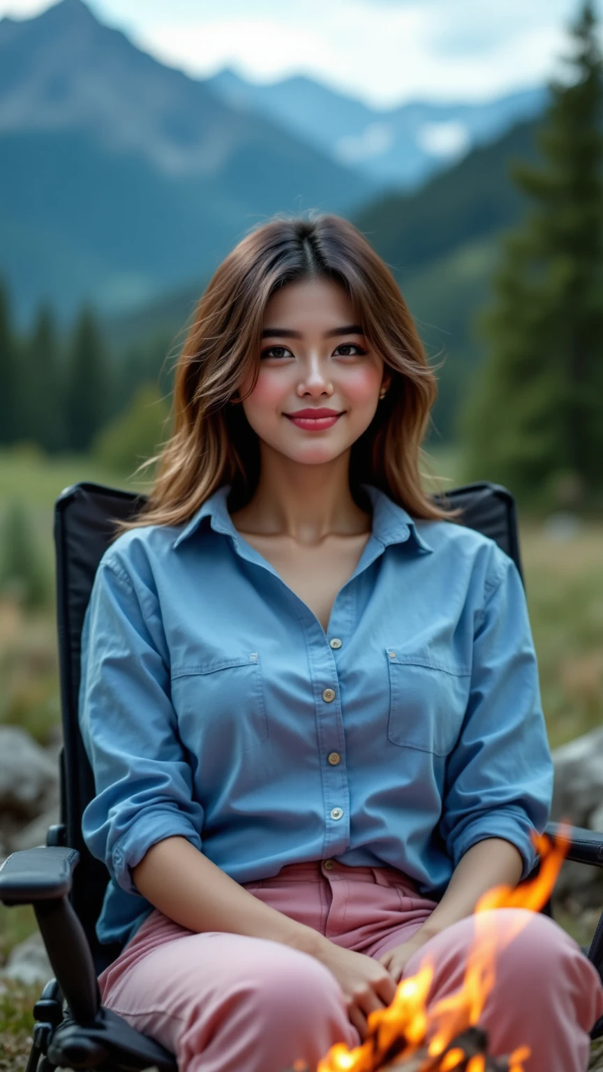 (((Big and slim body,female),(smiling),( blue shirt ,pink pants))),She's sitting on a chair at a campsite in the mountains cooking a barbecue. It's a campsite with a bonfire.top quality,best image quality, dynamic, vibrant colors, 8k