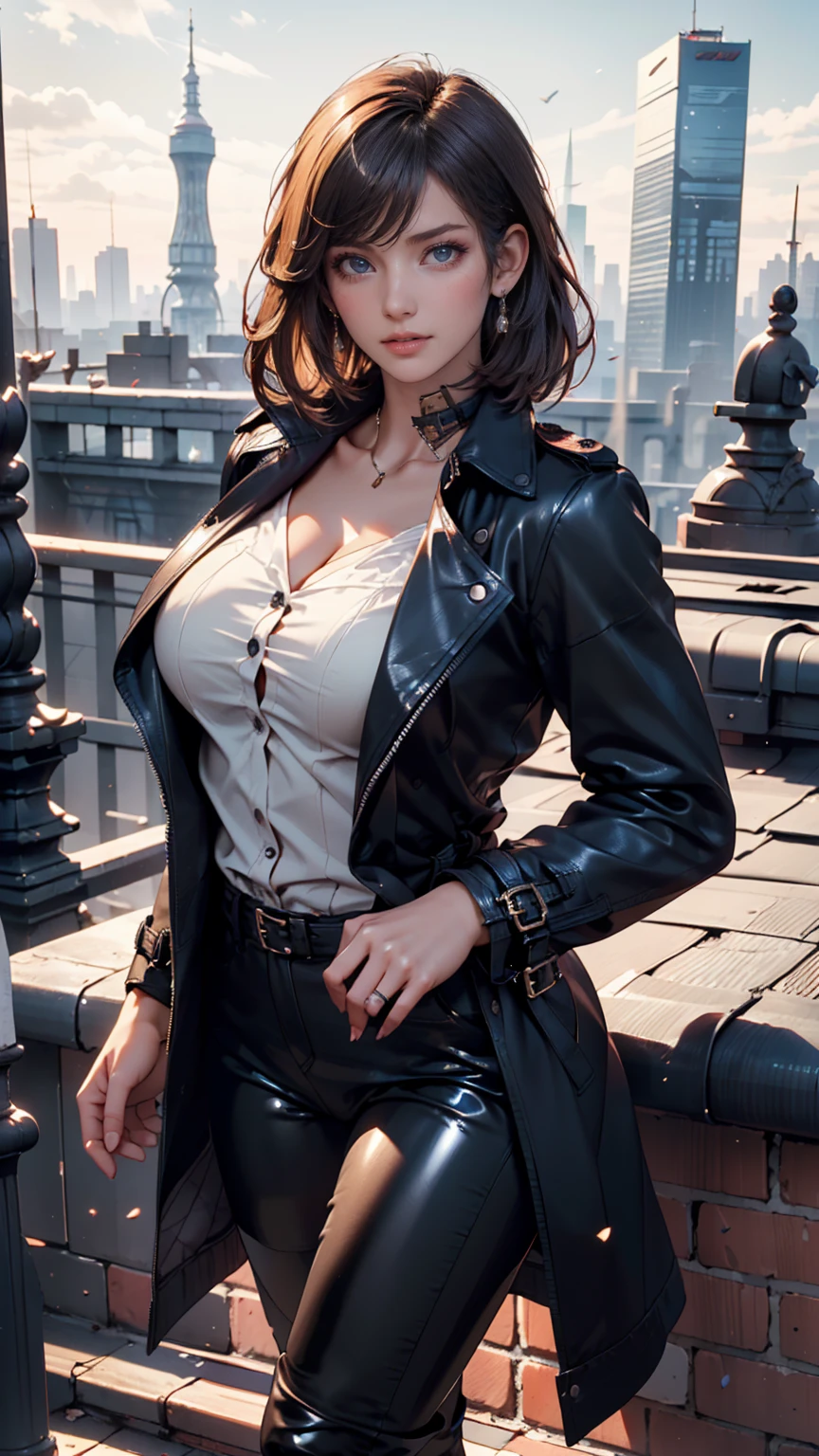 (cowboy shot), a beautiful young woman with long red hair, lora_Emma, ((black high waist leather pants)), ((formal white top with cleavage)), waist belt, ((a white fur coat)), reflective silk scarf, (red shaded sunglasses), standing outside, (best quality,4k,8k,highres,masterpiece:1.2),ultra-detailed,(realistic,photorealistic,photo-realistic:1.37),detailed face, detailed eyes, detailed lips, long eyelashes, beauty, fashion, portrait, glamorous, elegant, studio lighting, dramatic lighting, high contrast, vivid colors, cinematic, ((coat on shoulders)), xuer white fur coat