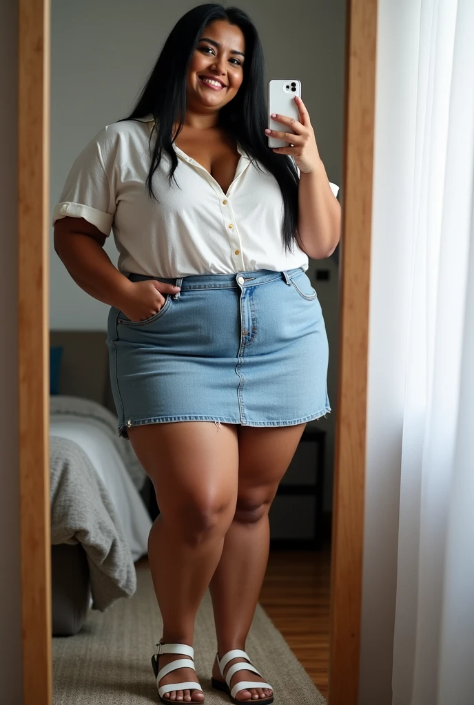 A 34 year old woman, bob cut, with big breasts, fat ass, standing, looking to the camera, gorda, latina, Casual clothes, sandals, mini skirt