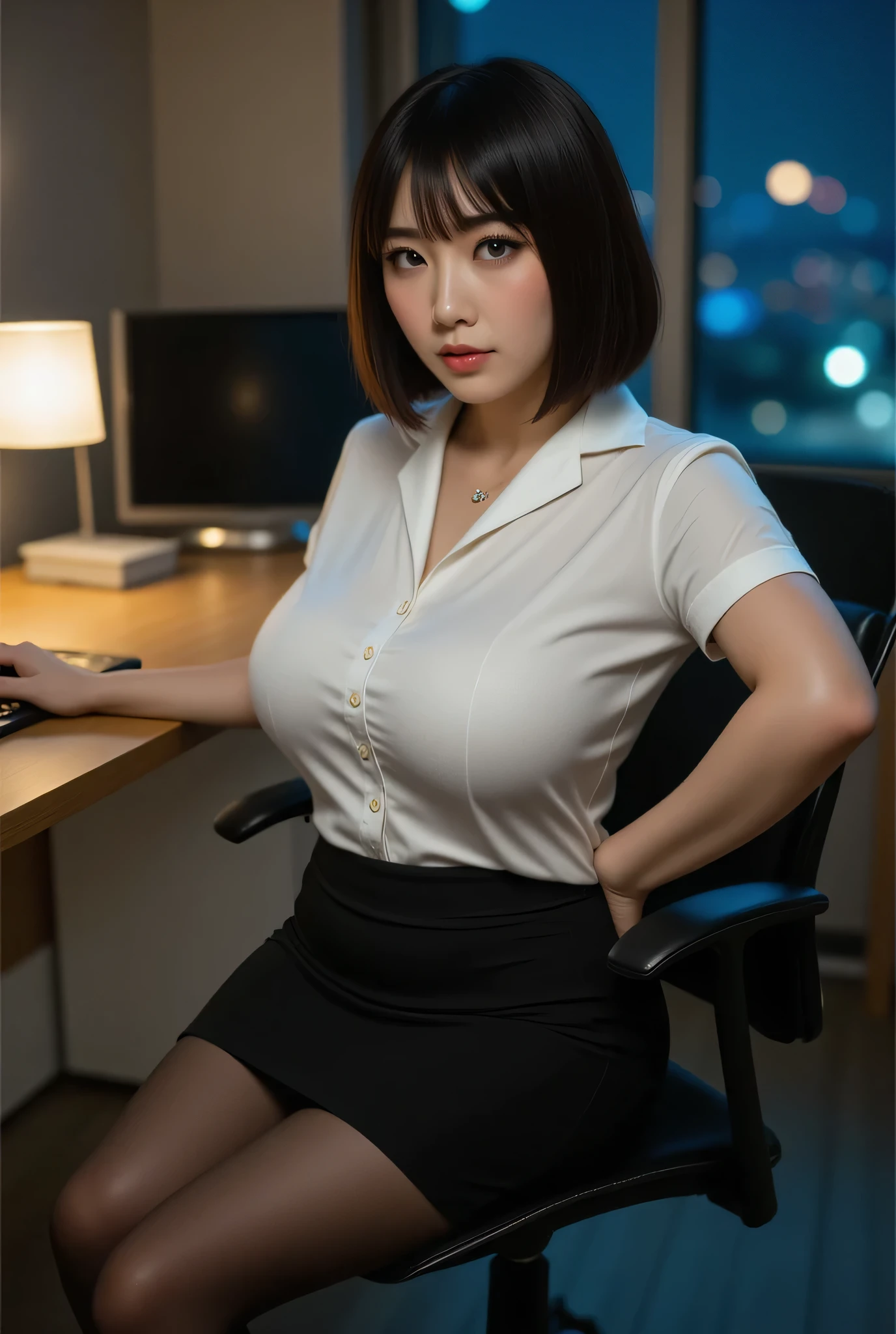 highest quality, photo realistic, high resolution, sharp focus, masterpiece,
super beautiful Japanese mature woman, looks like a intimidating dominatrix, condescending gaze, charm with gaze, staring at the viewer, big breasts, glossy skin, oily skin, eye makeup, long false eyelashes, eyeliners, mascara, lip makeup, short wavy bob,
tight-fitting business shirt and high-waist pencil skirt, just-fitting short sleeve, shirt tucked into skirt, colored tights, even in a tight business shirt her breasts are big, tight fitting short sleeves,
in a dimly lit office late at night, desk, light from a computer screen, desk light, sitting on desk chair, chair without armrests, easy-to-see color lighting, colorful to keep
