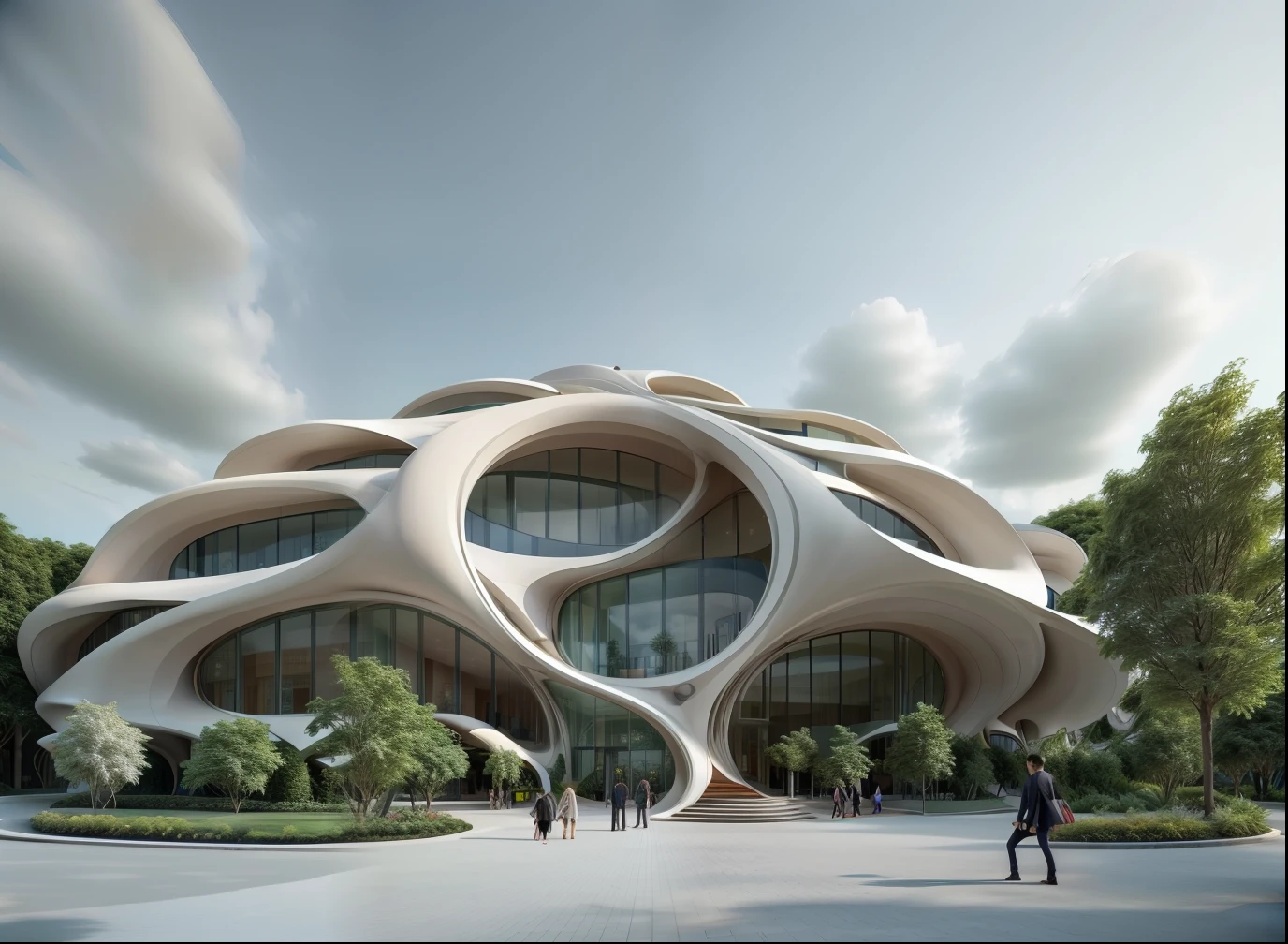 Meeting hall, inspired by shape of wide tree, Cultural center design, flawless, realistic, realistic, people around the building,