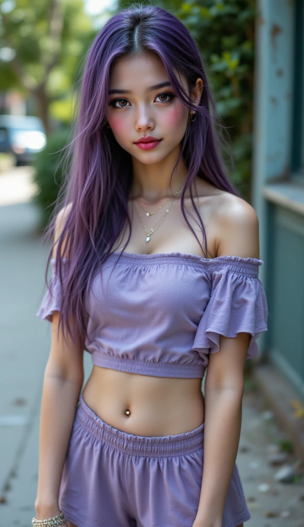 Beautiful medium breasts, 1girl, ((purple hair, wavy hair with bangs)) ((beautiful girl)) light green eyes, has an beautiful sensual body with hazel eyes, 3gradient layers of pink eyeshadows, long traced dark eyeliner, blush, long eye leashes, perfect make up, eyes contact, focus, depth of field, film grain, ray tracing,Dark pink rouge,full and juicy lips(dark pink lipstick),
detailed natural real skin texture, perfect straight dark pink hair,
visible skin pores, anatomically correct
, with full breasts and thin waist, HIP HOP Beautiful and cute Beautiful medium denim shorts and long sleeve blouse, abdomen, fabric delicate, has a bold appearance. young, quality, realistic, best quality, cute expression, pink lipstick lips, Cute smile, leaning, In the park walking, beautiful trees