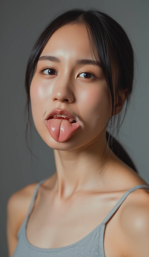 table top,,Awards - winning photos, very detailed, focus the eyes clearly, nose and mouth,face focus, woman with open mouth and closed eyes, black camisole、35 years old,black haired、symmetrical face,realistic nostrils、angle from below、elongated C-shaped nose,,,,NSFW,gray background、sweaty skin、Lighting that emphasizes the skin shining with sweat、((hook nose))Skin shiny with sweat、shiny skin、(wet and shiny tongue)The skin around the nose becomes shiny with sweat.、vulgar face、(The face of drug addiction)Drug Trip,bend diagonally sideways、upper body only,My head went up,beautiful japanese woman,