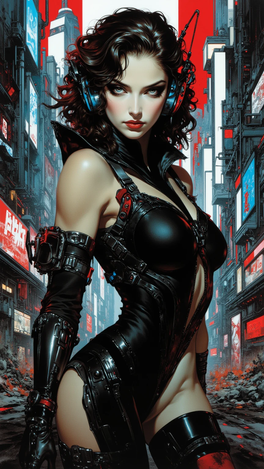 gothic girl, mature, woman, short hair, black hair, pale white skin, red eyes, droopy eyes, big eyelashes, serious look, serious expression, eyebrows done, outlined, shadow, smoking cigarette, black robes, cleavage, black leather jacket, detailed black skirt, black heels, big, dark, shadows, night, dark, black, gloomy, breasts, big ass, leaning against the wall, dark alley, neon lights, cyberpunk, dirty alley, alley, smoking cigarette, anime, night, night city , add_detail:2