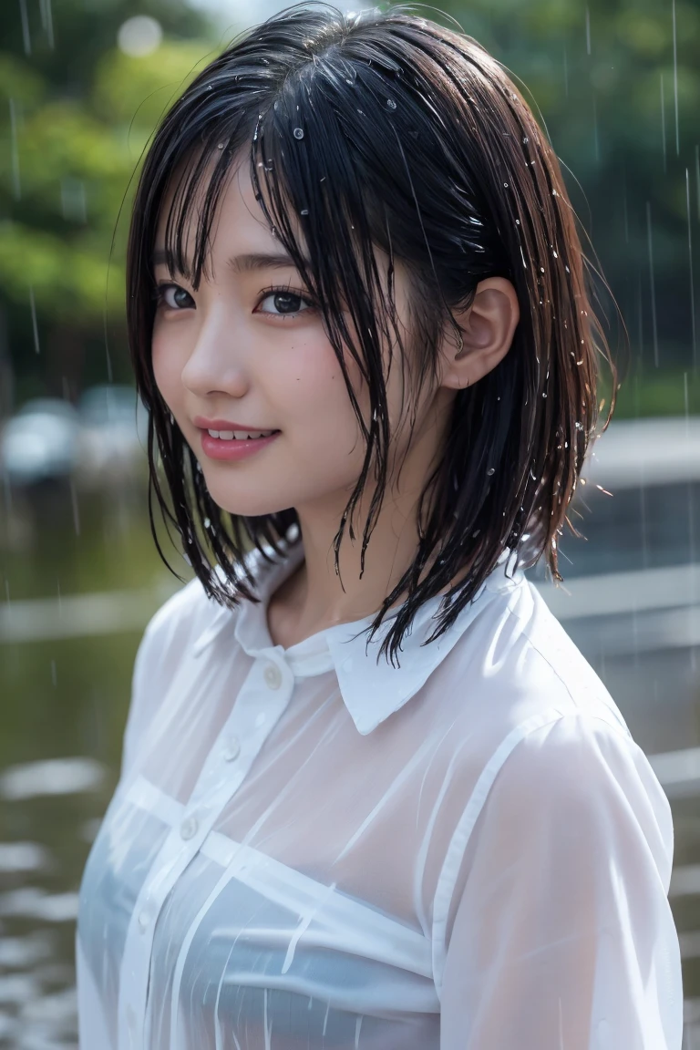 Natural image quality,1People Girls,Japanese,20-year-old,Beauty,Beautiful face,Cute face,Are crying,Sad expression,Frustrated expression,tears,Short-sleeved summer clothes,skirt,(Disheveled Hair),(Wet Hair),(Wet body),(Wet clothes),(Wet Face),The whole body is wet from rain,(Rainy cityscape)