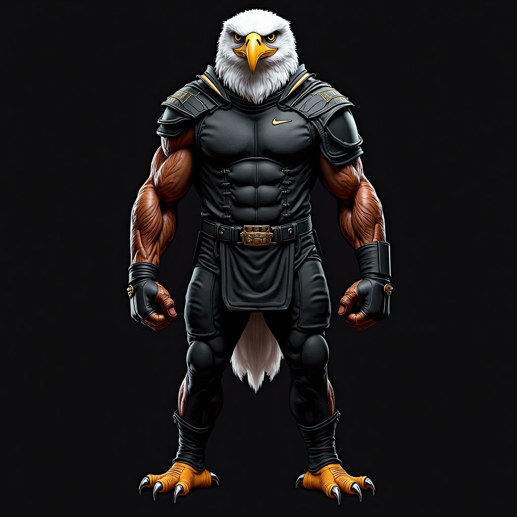 Anthro, bird, black fluffy body, white fluffy head, eagle beak, yellow talon hands, 3 fingers, claw fingertips, yellow eyes, muscular arms, pecs, big fat belly, overhang belly, nike shorts, light gray t-shirt, shirt riding up, belly button