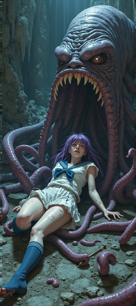 Partially underwater,最high quality,high quality, , Long Hair, Brown Hair, Wet Hair, Flat Chest,Dark underground labyrinth,No light,Cloth armor,Equipped with a dagger and a shield,Face above water,Body in water, Underwater Photography,The robe rolls up due to buoyancy,Painful face、My leg is pulled by tentacles、Being dragged into the water、Go wild