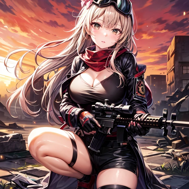 ((top quality)),(超A high resolution),(super detailed),(detailed description),((best anime)),(best work of art),super precision art,amazing art of depiction,Overwhelming descriptive power:1.5, top quality action movies:1.5, gun action:1.5, (Multiple adult women:1.5),body covered in mud and dust:1.6,income,1 girl、cleavage、smile、beautiful eyes