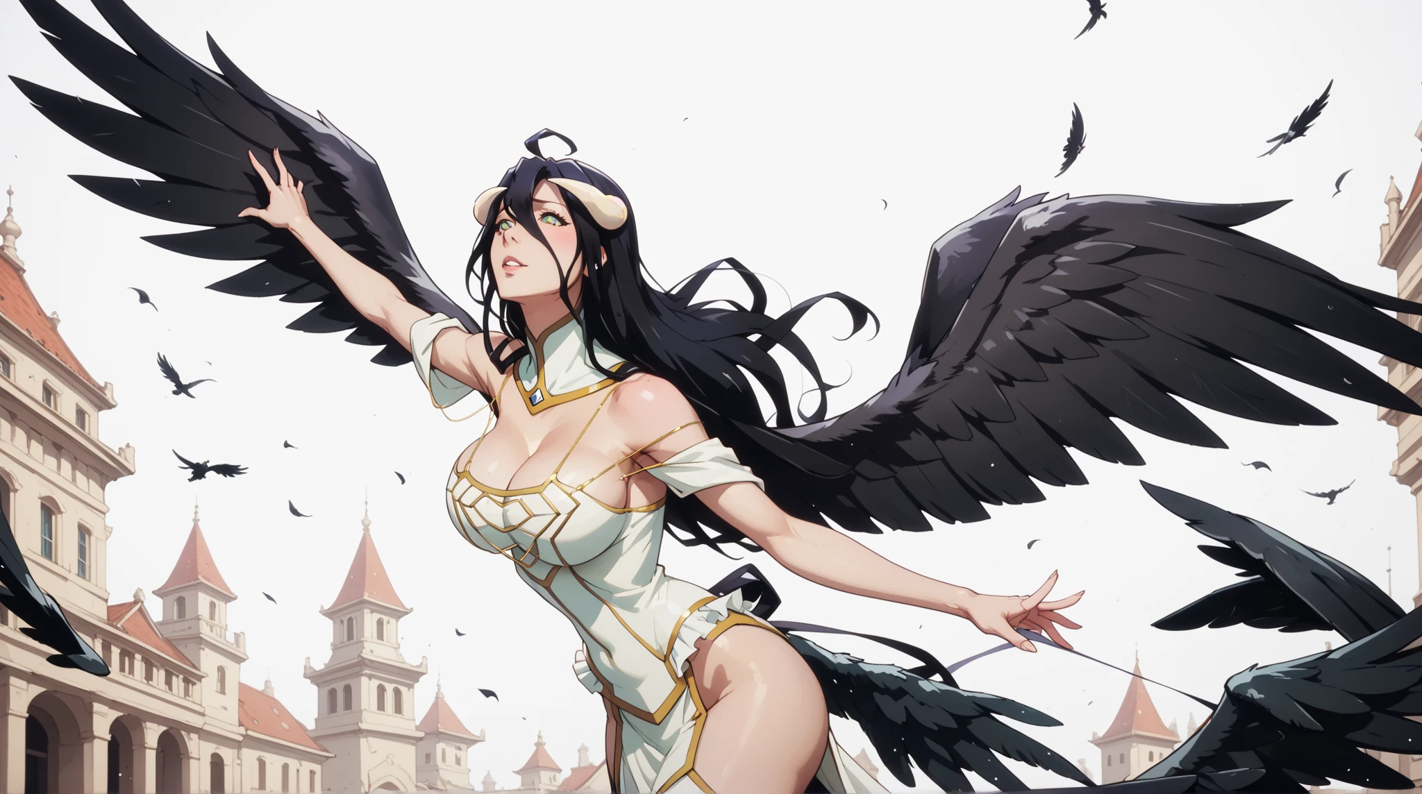 An impeccable beauty, Albedo is a woman with lustrous jet-black hair and the face of a goddess. She has golden irises and vertically split pupils; on her left and right temples are two thick horns protruding crookedly, and on her waist are a pair of black angel wings. Albedo wears a pure white dress with silky gloves covering her slender hands and a golden spiderweb necklace that covers her shoulders and chest. In combat, she wears an impressive black full plate armor with an unique helmet and carries a battle-axe with her.