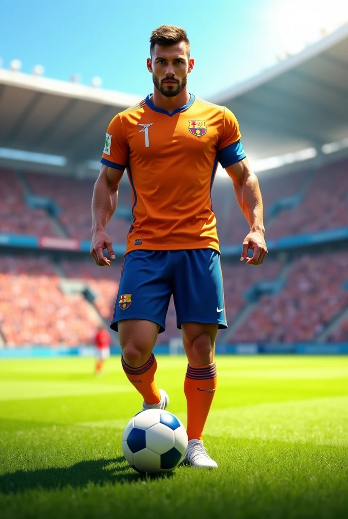 create a realistic image of a soccer player with a flathead on a soccer field dressed in orange standing