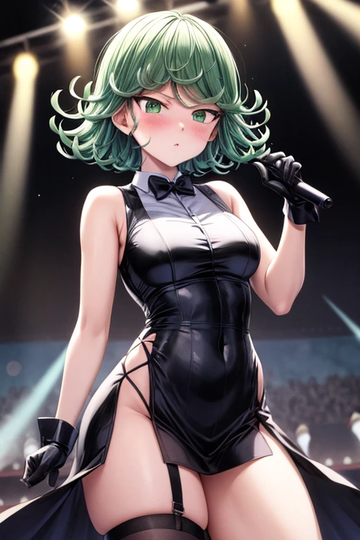 ((best quality)), ((masterpiece)), (detailed), perfect face, ((green skin)), pointy ears, tiny breasts, wearing black rimmed glasses, short dark hair, wearing tiny lace black bra and short black skirt and black pantyhose and back pumps, visible midriff, (night outside), very drunk, singing karaoke, having a great time, singing loudly, dynamic pose, colorful lighting, cinematic still, eyes closed, having fun, happy, bralette bra,