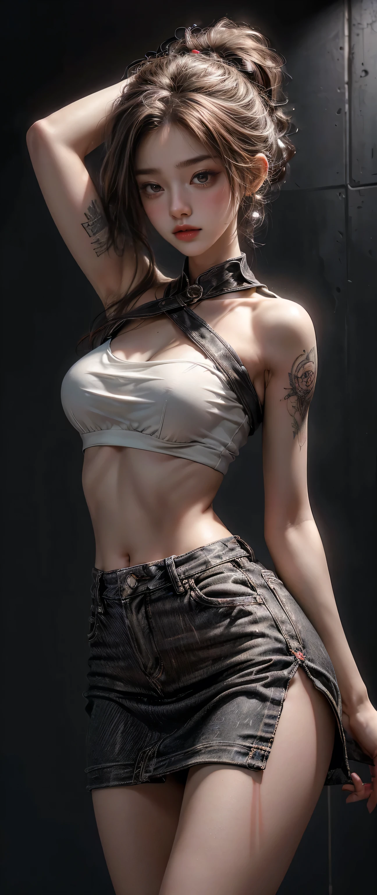 ( Esbian all over:2),((with tattoo on his neck:1.5)), ( Belly button tattoo:1.5),Enchanting anime girl,Muscular girl model photo