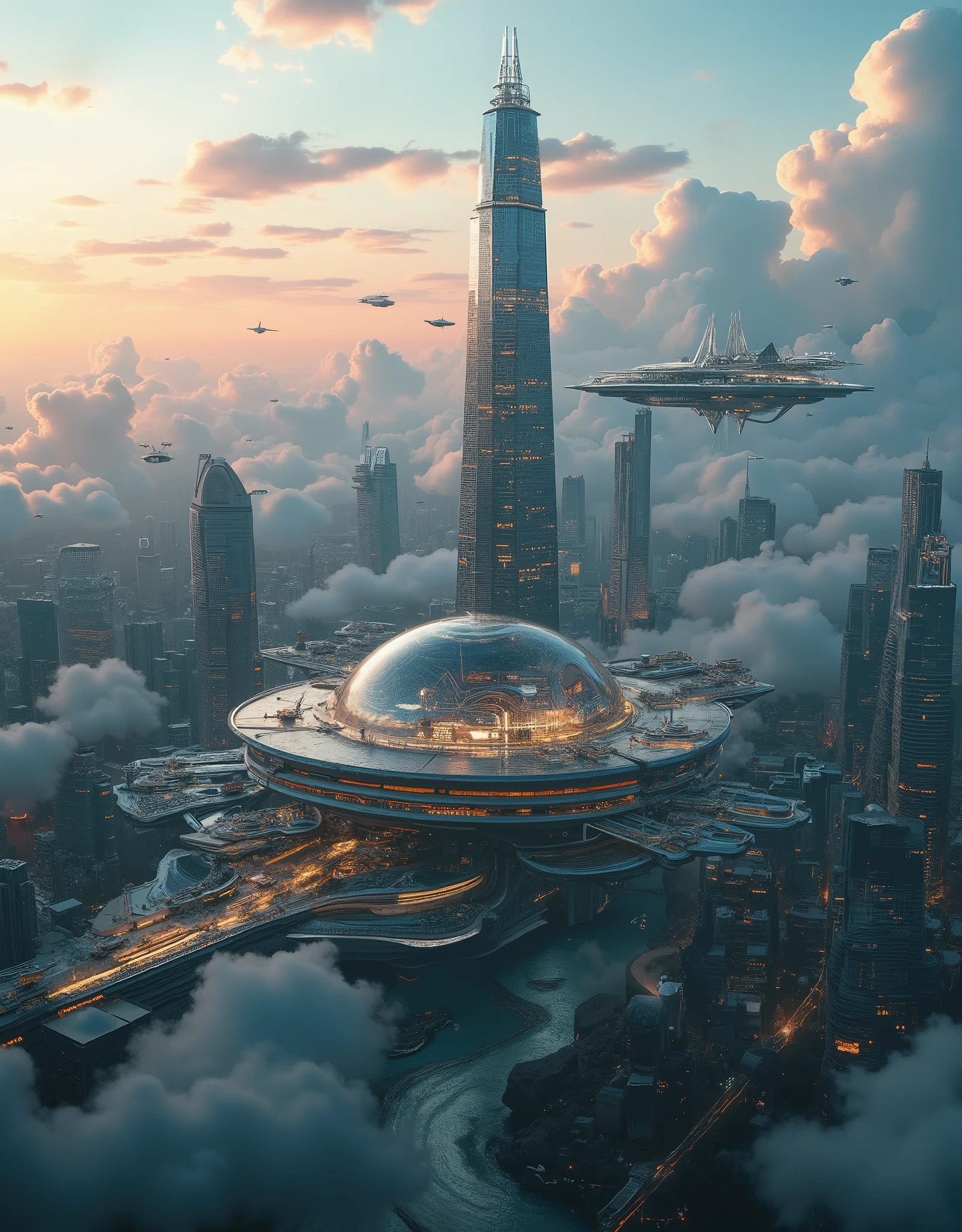 Surreal digital painting with a futuristic floating city at sunset, isometric image of a futuristic floating nave with semicircular glass arches, the horizon is visible through the arches, sky and clouds converge on the horizon, beautiful cosmic sky, light limestone combined with glass and metal, arches, passages, ports and elevators, levels up and down, sunny panels, wind turbines, comets and flying machines cruise across the sky, light trails in the sky, neon trails, holographic banners, high-tech elements, floating air clouds, outlined by light from huge screens and holograms, the illusion of movement, utopian atmosphere, science fiction architecture, dramatic perspective, complex colors, aerial perspective, tonal perspective, ethereal lighting, high-tech elements, transcendent art, aesthetics of steam waves, detailed textures, high detail components, 16K, digital art
