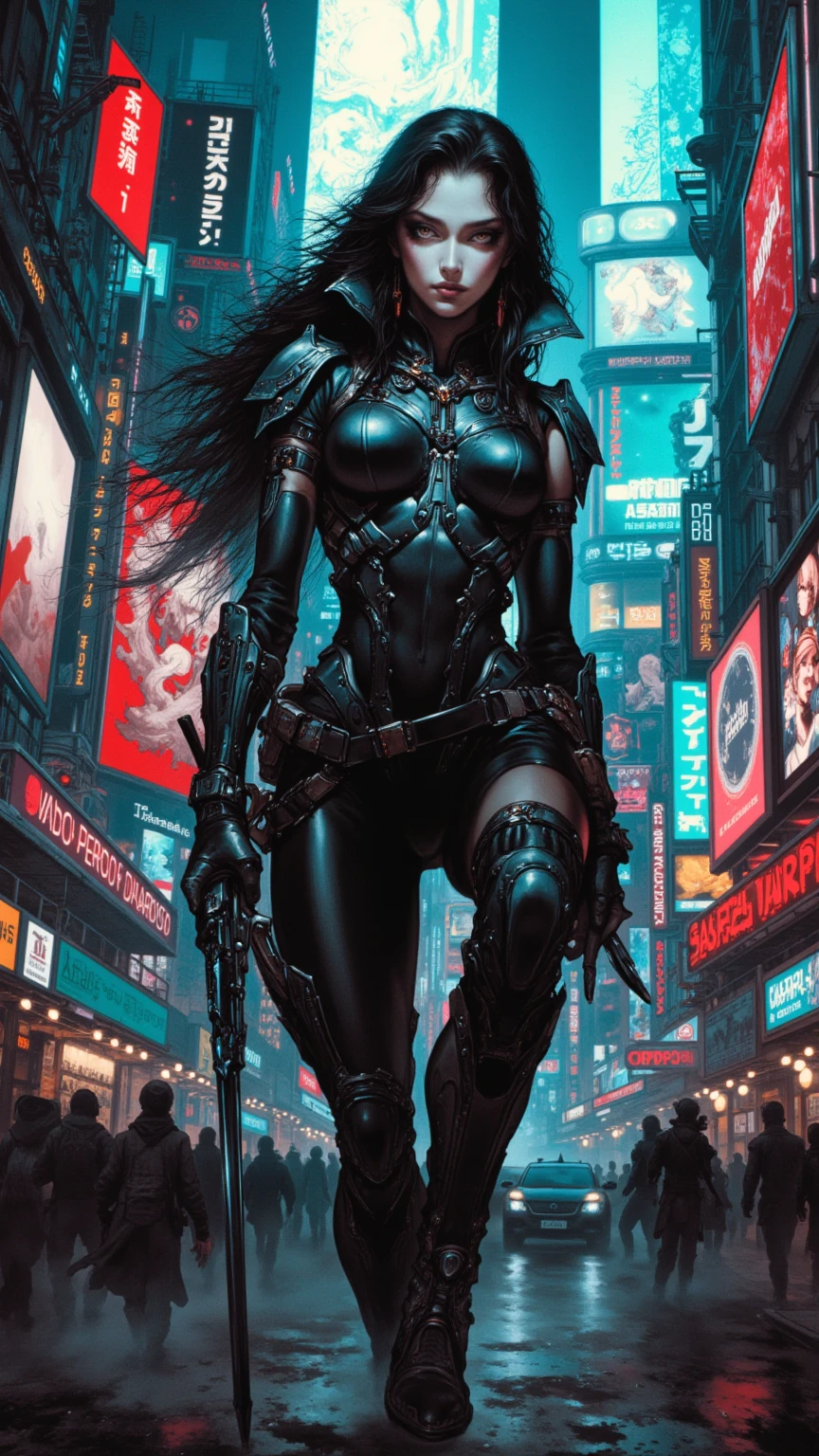 ((best quality)), ((masterpiece)), (detailed), a photo of a beautiful cyberpunk amazon, full body shot, long hair, long legs, medium breasts, carries a futuristic rifle, (dramatic pose:1.5), (heavy rain:1.3), lightning and thunderstorm, dystopian futuristic dark city at night, neon city lights, street life background, intricate, side light, ultra high res, professional lighting, high quality make up, eye makeup