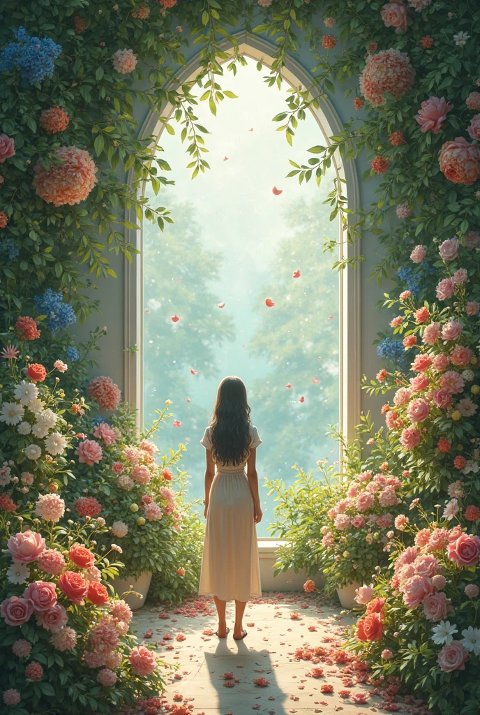 A room surrounded by floral bouquets 
differing  