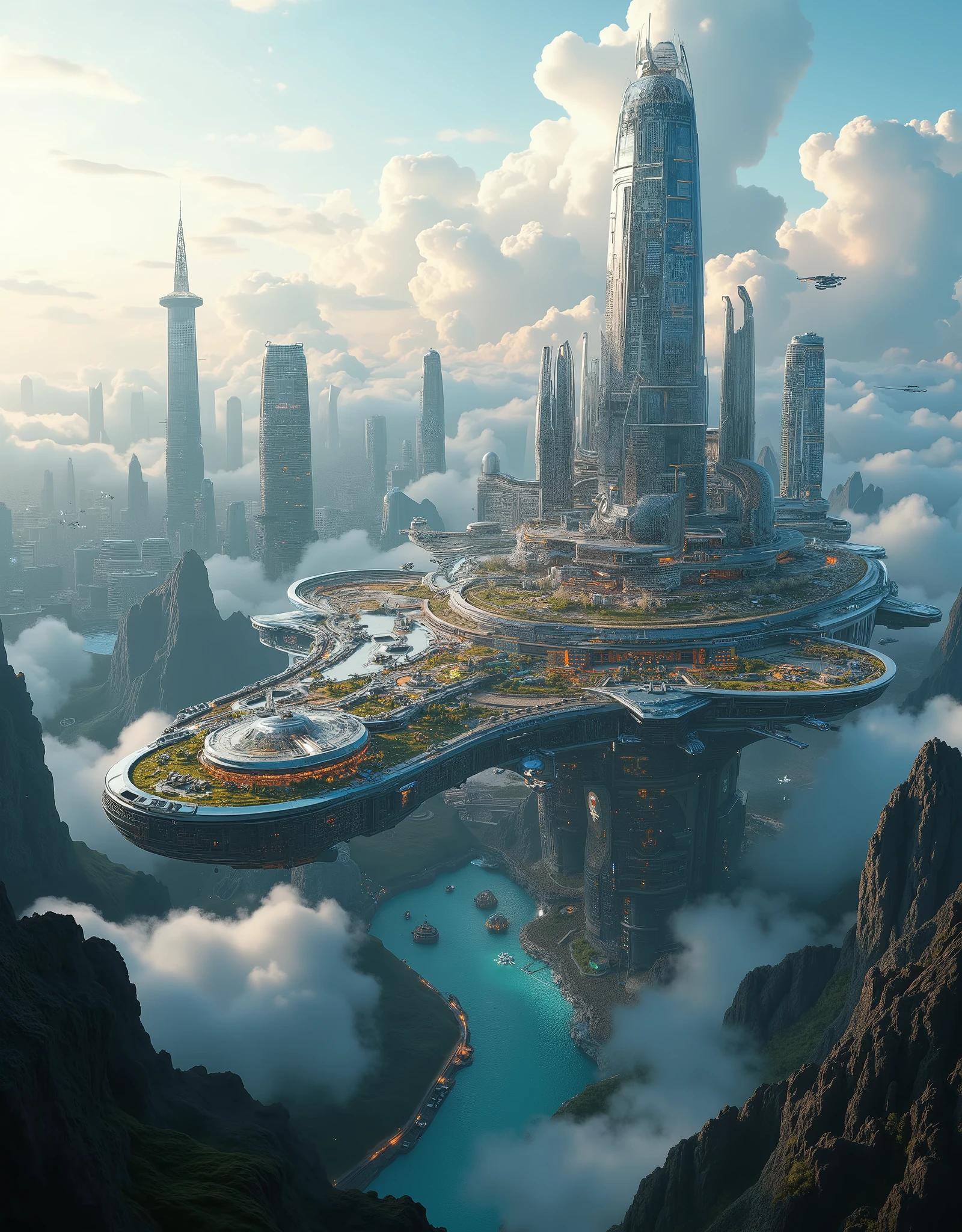 Surreal digital painting with a futuristic floating city at sunset, isometric image of a futuristic floating nave with semicircular glass arches, the horizon is visible through the arches, sky and clouds converge on the horizon, beautiful cosmic sky, light limestone combined with glass and metal, arches, passages, ports and elevators, levels up and down, sunny panels, wind turbines, comets and flying machines cruise across the sky, light trails in the sky, neon trails, holographic banners, high-tech elements, floating air clouds, outlined by light from huge screens and holograms, the illusion of movement, utopian atmosphere, science fiction architecture, dramatic perspective, complex colors, aerial perspective, tonal perspective, ethereal lighting, high-tech elements, transcendent art, aesthetics of steam waves, detailed textures, high detail components, 16K, digital art