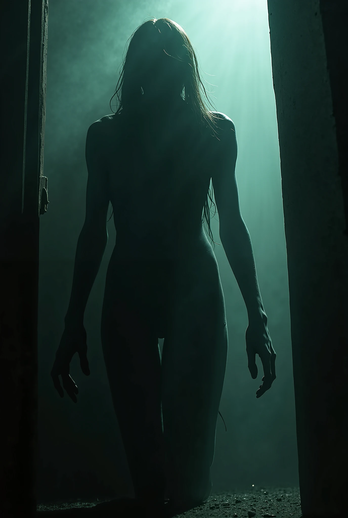 A thief is naked, sneaking into a room from outside.
