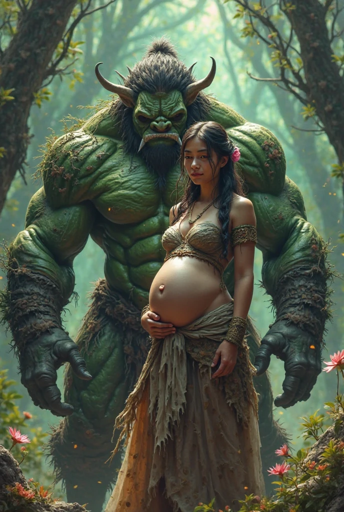 Elf and green muscular ogre,White-haired, white-skinned elf is pregnant