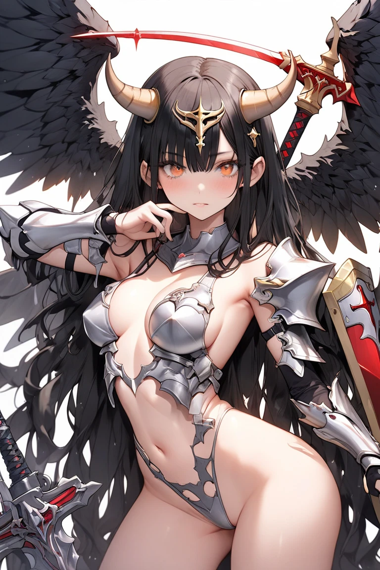 (((battle, mechanical, complex body, she attacks using a giant battle axe))), angle from below, (masturbate, orgasm), torn clothes, rays of light pouring down, (((lost pupils))), drooping eyes, (thin thighs), she has many wings,