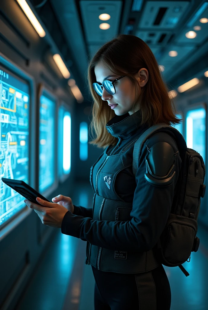 (realistic:1.4), strawberry blonde hair, reading book, standing, futuristic, solo, hair bun, brown eyes, holographic screen, blue bodysuit, tactical gear.