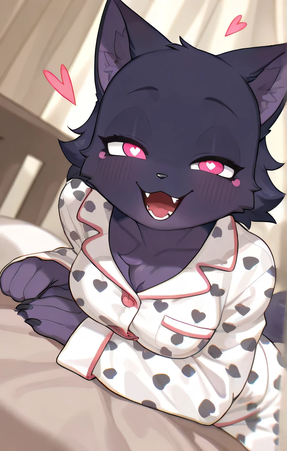  in,  TOP QUALITY,  masterpiece、 cartoon anime、female furry、 Black Beast、 white pajamas 、Smiling and sleeping with you、heart eyes
