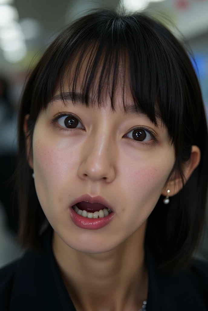 Chubby,BMI29,I'm about to cry, troubled face, japanese woman, 55 years old, close up of face, wrinkles around the eyes, double fold, I used to be an idol, cute, have bangs, Fluffy perm hair, midium black hair, troubled face, lowered eyebrows, complete lacrimal duct, pink lipstick, pink blush.