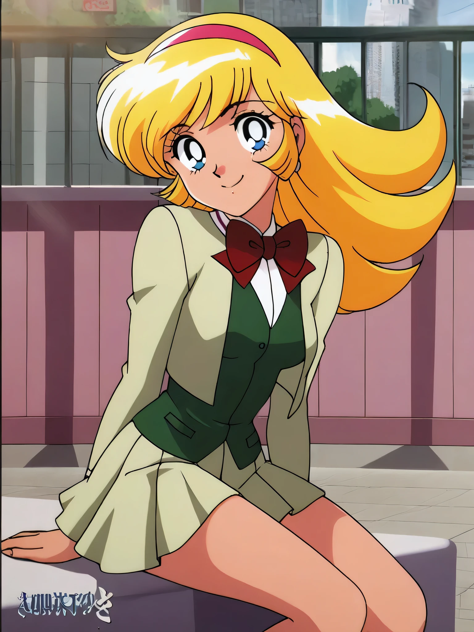 masterpiece,best quality,very aesthetic,highres, KisaragiHoney, 1girl, solo, blonde hair, long hair, blue eyes, medium breasts, hairband, school uniform, jacket, pleated skirt, earrings, red bow, cute and happy expression, Smiles and Sunshine, sunlight, sunbeam, city, outdoor, looking at viewer, room, retro artstyle, anime coloring,