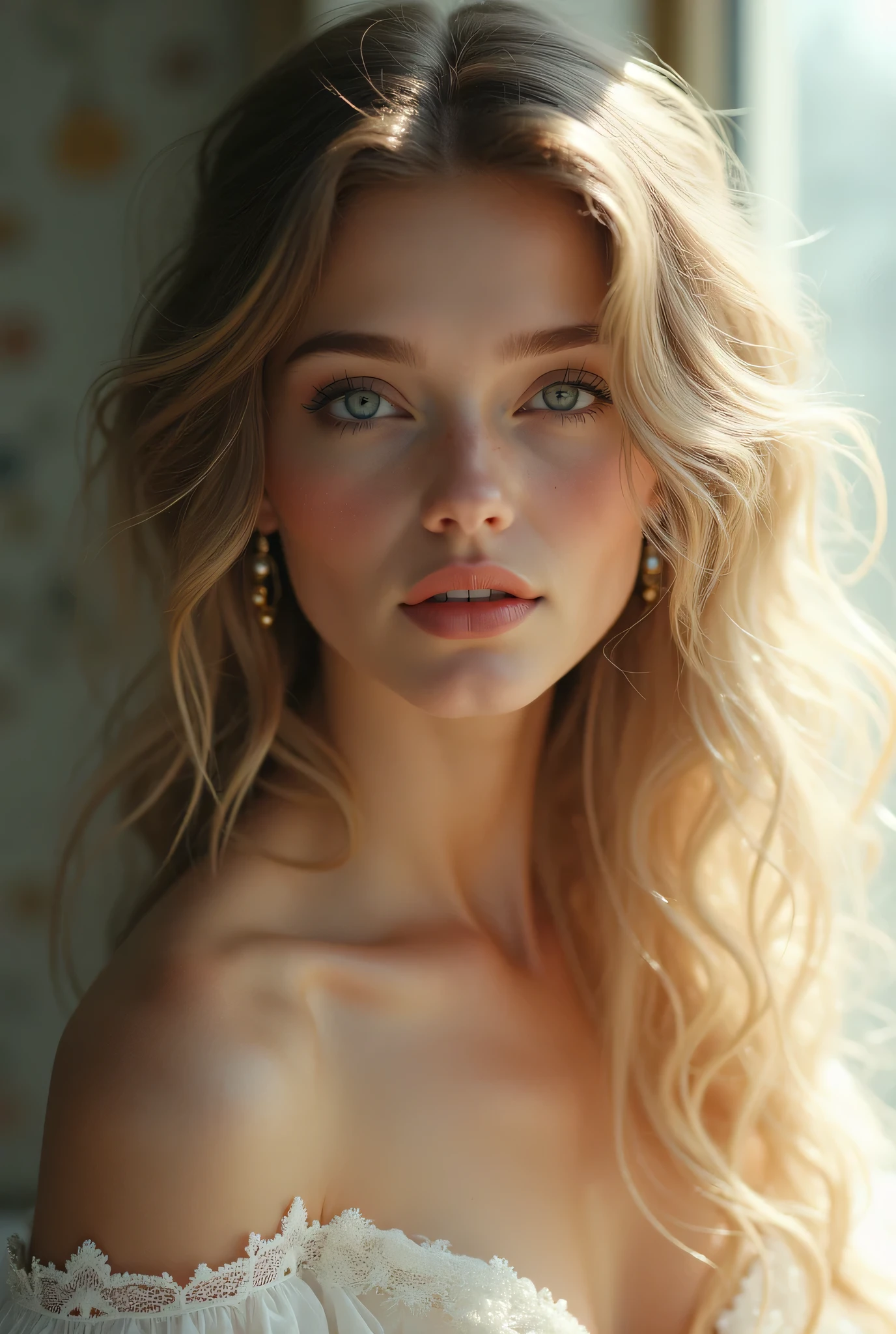 Create a realistic photo of beautiful 2 young adult Estonian girl with dyed blonde and dyed triped cherry brown long wavy hair , have oily skin and Little tanned skin , have arched thin brown eyebrows, have narrow upper lips and wearing natural mermaid makeup and pink lipgloss of lips and have lighted moon grey coloured almond shaped eyes and have square shaped face , symmetrical face and low cheekbones and wearing white Moon dress and have aura energy colour behind her as background 