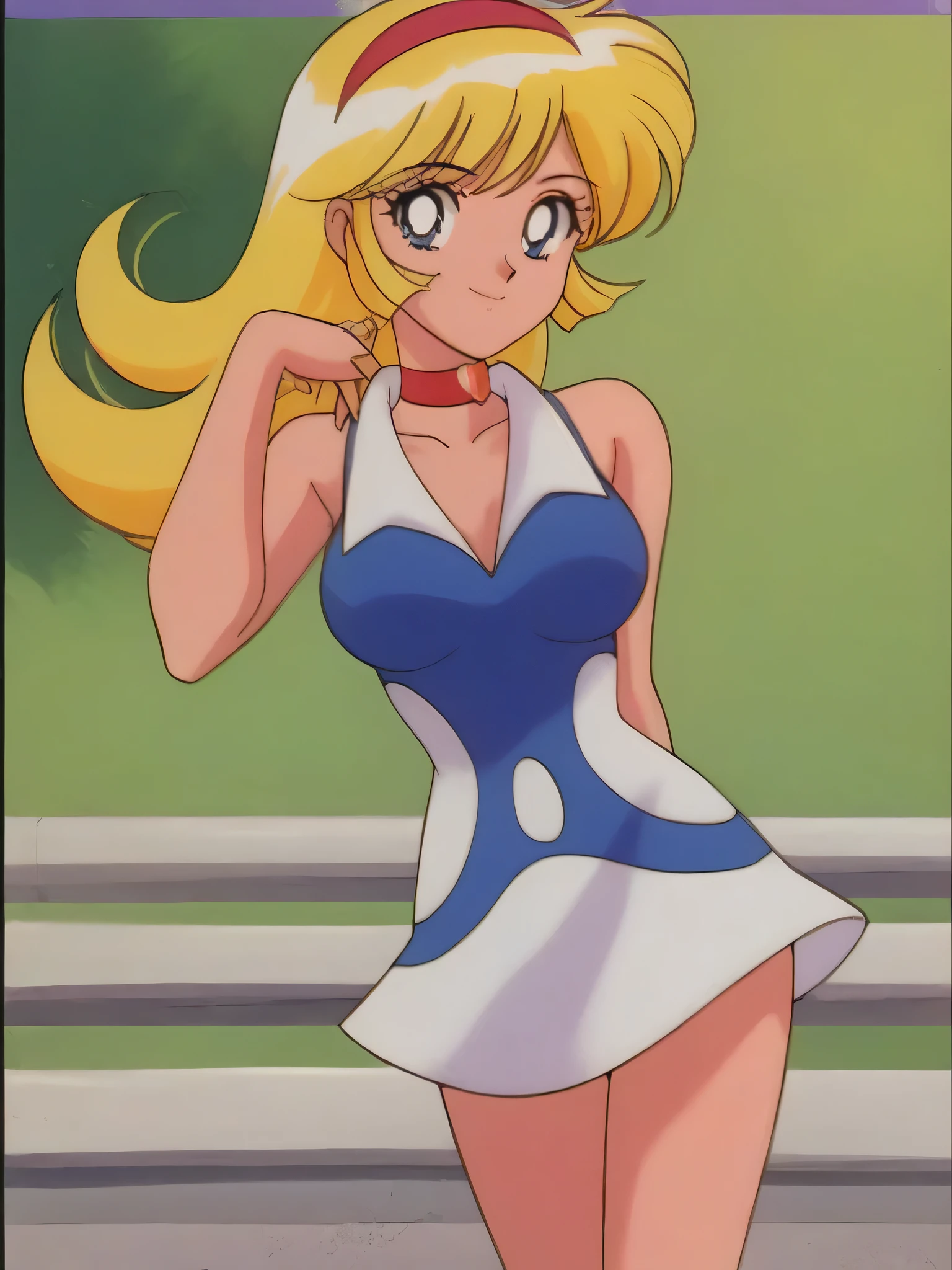 masterpiece,best quality,very aesthetic,highres, KisaragiHoney, 1girl, solo, blonde hair, long hair, blue eyes,one closed eyes,medium breasts, hairband,choker, dress, blue dress, collared dress, sleeveless, sleeveless dress,outdoor,looking at viewer,standing,hand in own hair,bust up shot,arm behind back,retro artstyle, anime coloring,