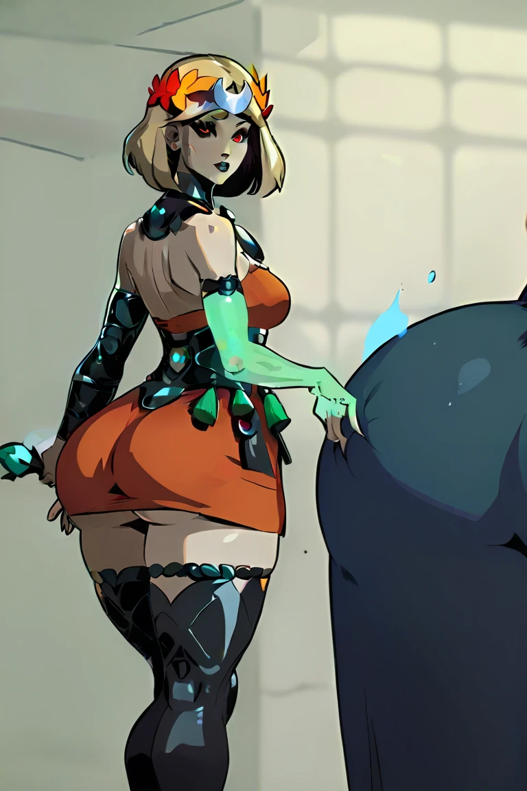 thick thighs, big breasts, curvy body, 1 Russian woman, tall, white hair, styled with a bun and half-sided bangs, Full face mask, black mask, pearl necklace, Elegant ashanka hat, Elegant black dress, black heels, With a prosthesis that is a grenade launcher, black dahlia skullgirls