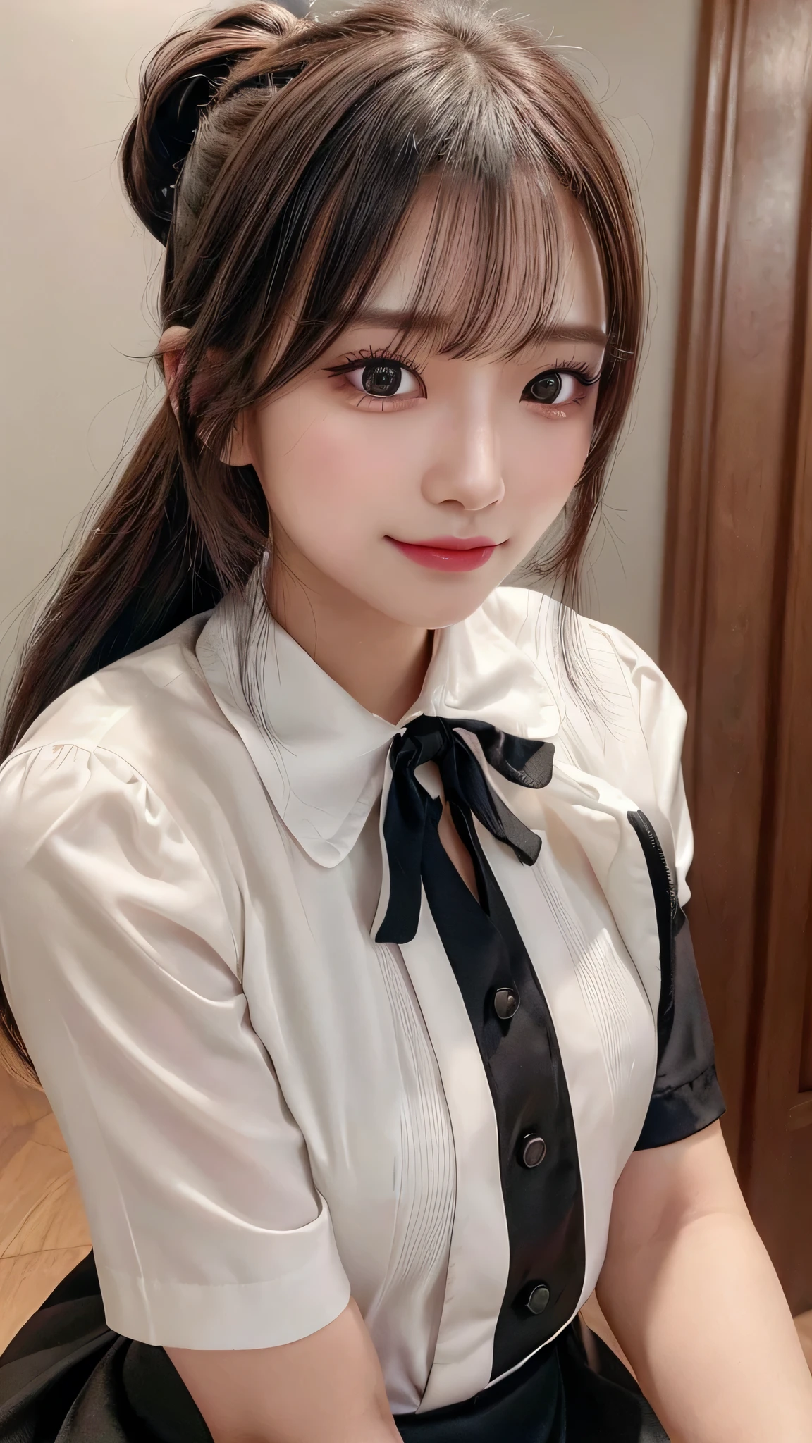 Araffe asian woman with long hair wearing a white shirt and black skirt ...