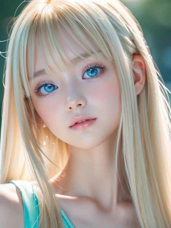 Crystal clear and shiny skin、Cute  13 year old with beautiful face、Very large, beautiful, bright, pale sky blue eyes、Very big eyes、Super long straight hair that shines in the light、Long, silky bangs that cover her cute eyes、Hair that hides sexy features、too long bangs、Sexy and cute young beauty、Super long natural young blonde hair with sparkling highlights Blonde over one eye Blonde over one eye、Blonde hair between the eyes