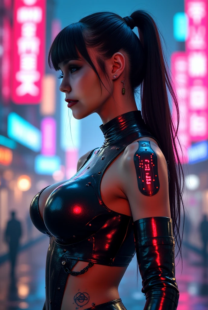 Beautiful Cyborg woman in a futuristic city, Cyberpunk style, Futur Clothes , Near a Futuristic MotoCycle, brunette, Long Curved Hair, red lips, Blue eyes, wears glasses, Big boobs, Thin waist, eYeliner, big eyelashes, seductive pose,