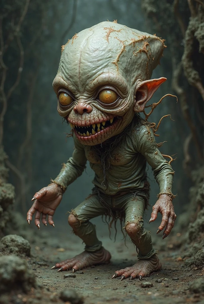 Create an image of a goblin that stands about 70 cm tall. It has a small, childlike body but with a grotesque and unsettling appearance. The goblin's skin is a sickly greenish-yellow, resembling long-accumulated dirt. Its body is covered with wrinkles and scars, giving it the appearance of someone who has just been beaten. The goblin's face is particularly disturbing, with small, milky-white eyes and red pupils. It has sharp, pointed teeth jutting out from a mouth twisted to the side. The goblin's posture should be aggressive and menacing, conveying a sense of danger. It is standing in a grassy field, surrounded by tall grass and wild vegetation. The overall scene should emphasize its threatening demeanor and unpleasant physical features.